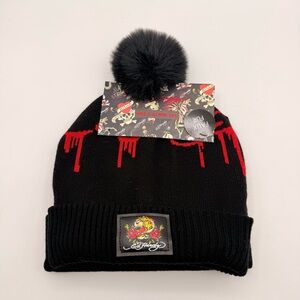 Ed Hardy Beanie Set 2 Pack Pom Hats Black Red Streetwear Goth OS